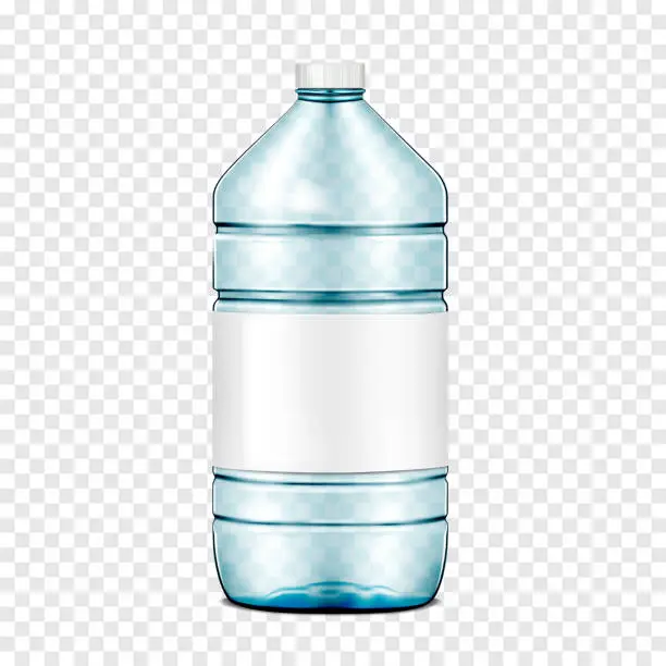 Vector illustration of Empty large clear blue plastic water bottle with white screw cap and blank label on transparent background realistic vector mockup. Template for design