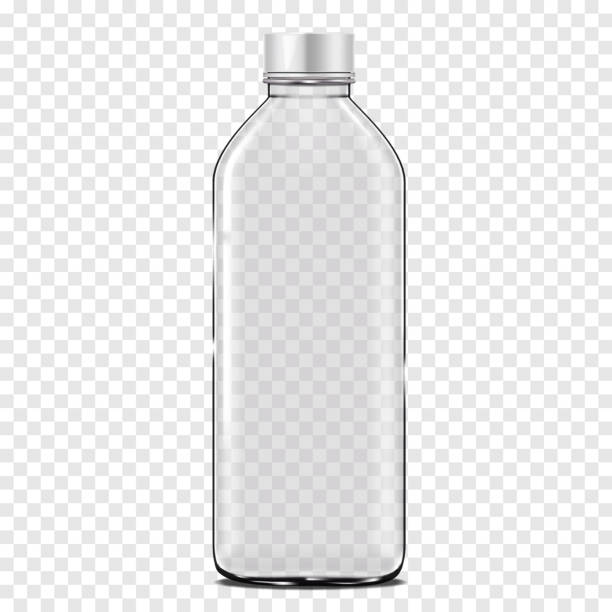 klare leere glasflasche mit weißem kunststoffschraubverschluss auf transparentem hintergrund realistisches vektor-mockup. verpackungsmodell für flüssige produkte - wasserflasche stock-grafiken, -clipart, -cartoons und -symbole
