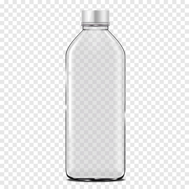 przezroczysta pusta szklana butelka z białą plastikową zakrętką na przezroczystym tle realistyczna makieta wektorowa. makieta opakowania produktów płynnych - water water bottle glass pouring stock illustrations