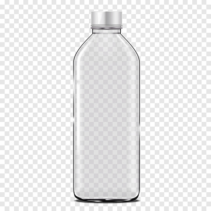 Clear empty glass bottle with white plastic screw cap on transparent background realistic vector mockup. Liquid product packaging mock-up