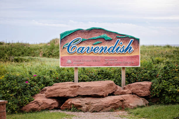 Cavendish Beach National Park Cavendish, Canada - August 23, 2022.  A sign for Cavendish Beach National Park on Prince Edward Island, a park which hosts a trail, a sandy beach, and dunes in between. cavendish beach stock pictures, royalty-free photos & images