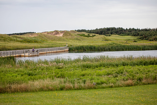 Cavendish, Canada - August 23, 2022. People mill about at Cavendish Beach National Park on Prince Edward Island, a park which hosts a boardwalk trail, a sandy beach, and dunes in between.