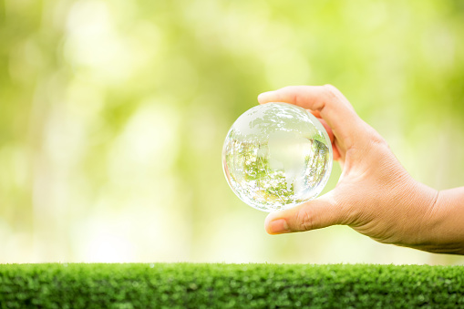 Human hand holding globe planet glass In green forest with bokeh nature lights. world environment day. concept for environment conservation, protect ecology earth and environmental eco-friendly life.