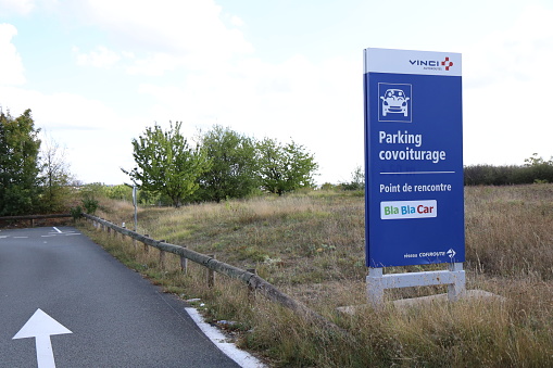 Entrance to the Vinci carpool car park in Poitiers Nord on the A10 highway, city of Poitiers, Vienne department, France