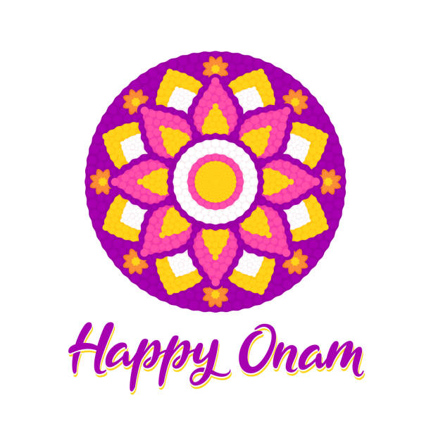Happy Onam with floral pookalam Happy Onam greeting card with floral rangoli (pookalam). Indian holiday in Kerala. Vector clip art illustration. pookalam stock illustrations