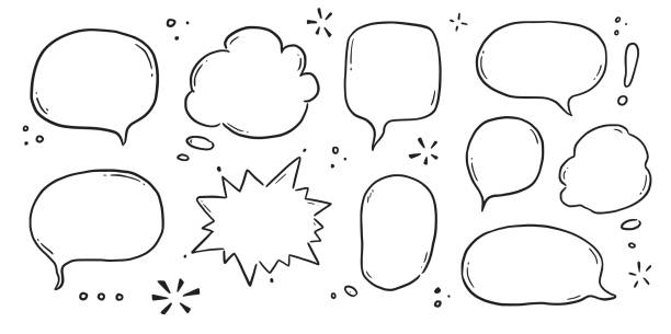 illustrazioni stock, clip art, cartoni animati e icone di tendenza di set di bolle vocali disegnate a mano. disegna fumetto in stile fumetto in stile doodle per la citazione di testo. fumetto di dialogo struttura doodle - contemplation cloud bubble concentration