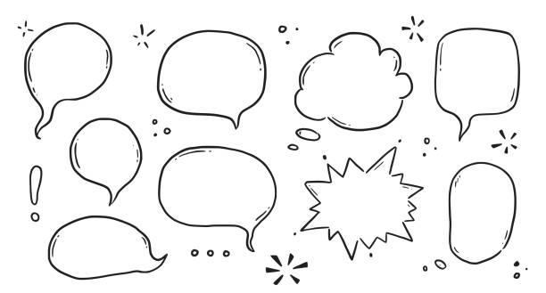 ręcznie rysowany zestaw dymków. szkicuj komiksowy dymek w stylu doodle do cytowania tekstu. dymek dialogowy konturu doodle - thinking thought bubble thought cloud clip art stock illustrations