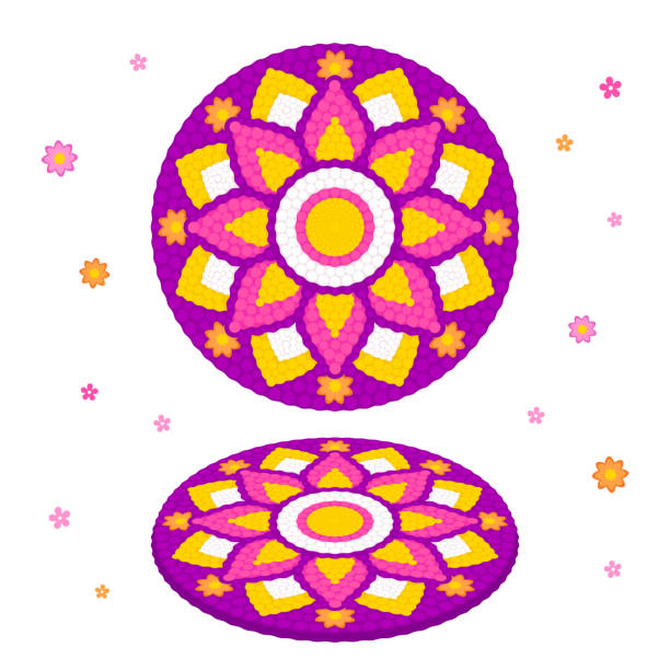 Onam pookalam illustration Floral rangoli (pookalam) for Onam, Indian holiday in Kerala. Top view and isometric perspective. Vector clip art illustration. pookalam stock illustrations