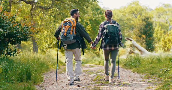 Nature hiking, exercise and workout of a couple walking on a mountain, park and ground trail. Back of hiker partners holding hands with love together in a green grass, tree and dirt fitness track