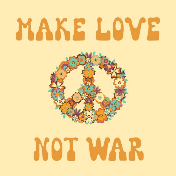 Make Love Not War with hippie symbol Peace Colorful illustration Make Love Not War with hippie symbol Peace.  Cute graphic print for t-shirt, posters, card design. 1970 pictures stock illustrations