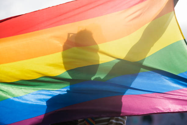 istock Unrecognizable man silhouette in lgtbi flag - pride day 1420787487