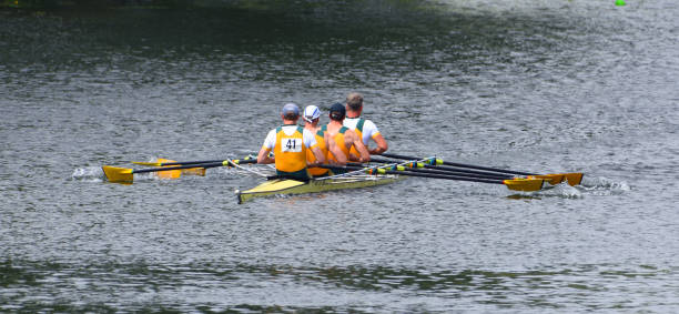 St Neots, Cambridgeshire, England - July 23, 2022: Mens fours Sculling on river close up.