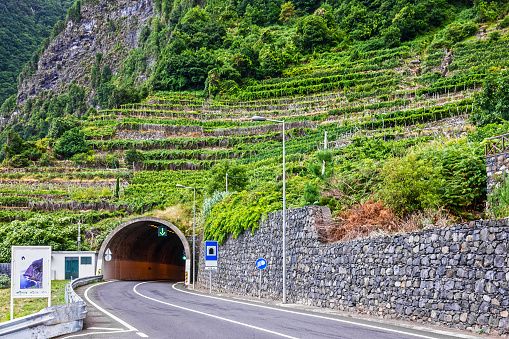 Madeira island, Portugal - Aug 4, 2022: Mountain tunnel road on Madeira island