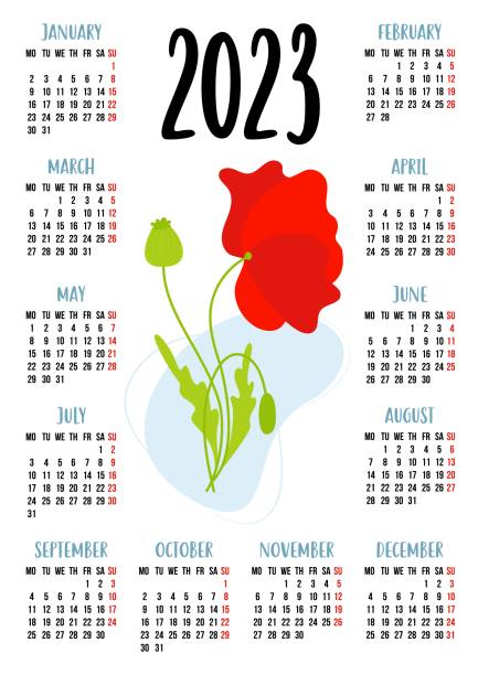 kalender für 2023 mit schöner roter mohnblume. vektorillustration. vertikale kalendervorlage für 12 monate in englischer sprache. die woche beginnt am montag. schreibwaren, druck, organizer, dekor. - red pattern poppy plant stock-grafiken, -clipart, -cartoons und -symbole