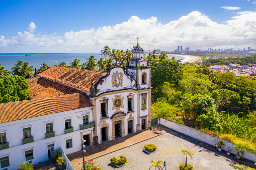Aerial view of Alto da Sé Church and the landscape of Olinda and Recife in a sunny day, Brasil