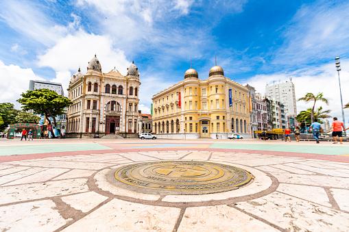 Wide angle view of 0 Milestone square in Recife downtown, Brasil
