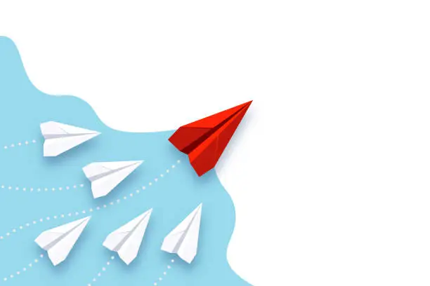 Business leadership, different approach and innovation concept, breakthrough and pioneer in field, individual red paper airplane leading crowd of ordinary white planes opening way for them