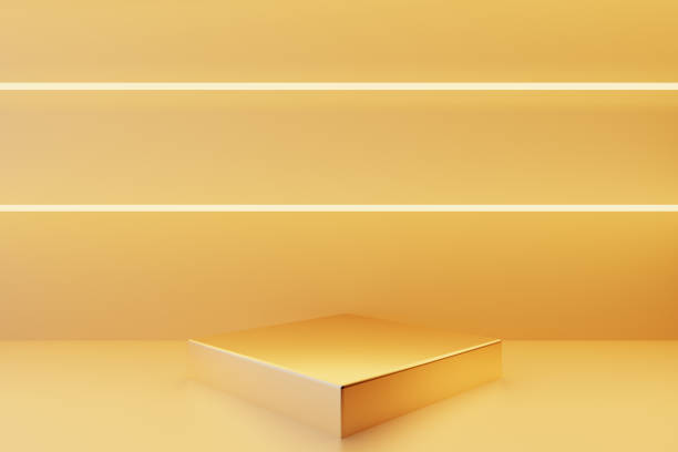 istock Golden podium on wall background with yellow neon light 1420793433