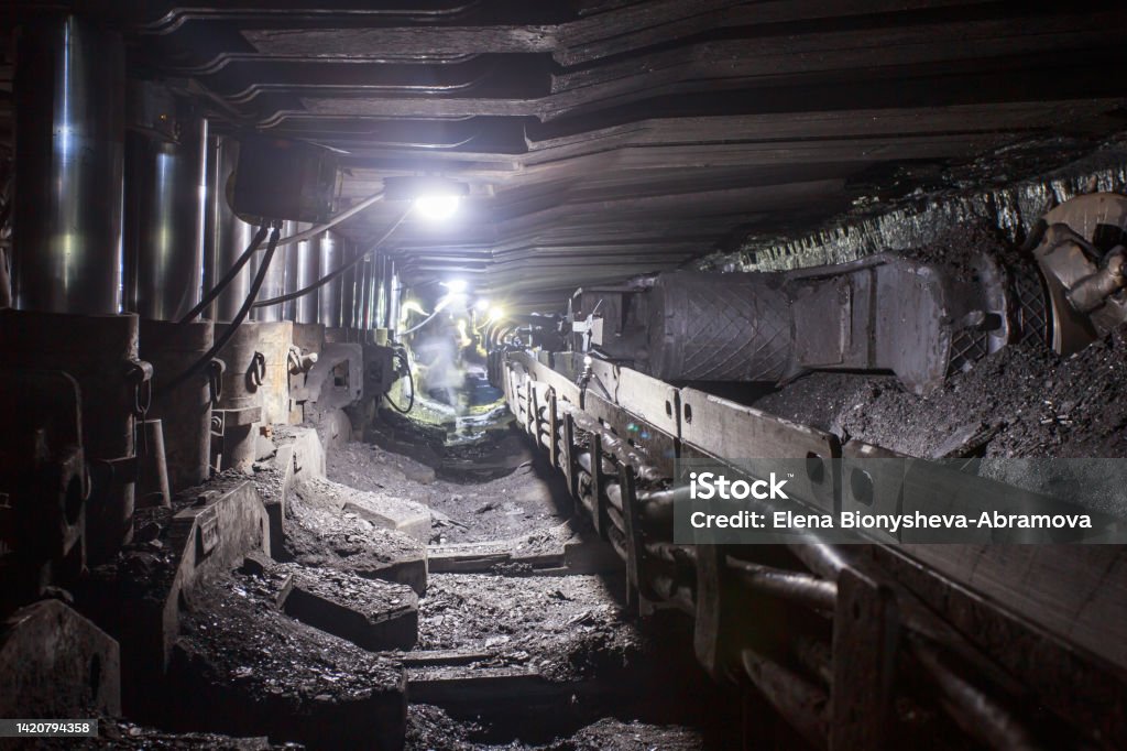 Closeup view of coal shrearer. Closeup view of coal shrearer. Workshop of ore mine. Coal Stock Photo