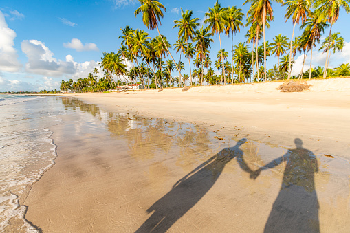 Shadow of a couple enjoying the sunrise in the Paradise Beach of Carneiros, Pernambuco