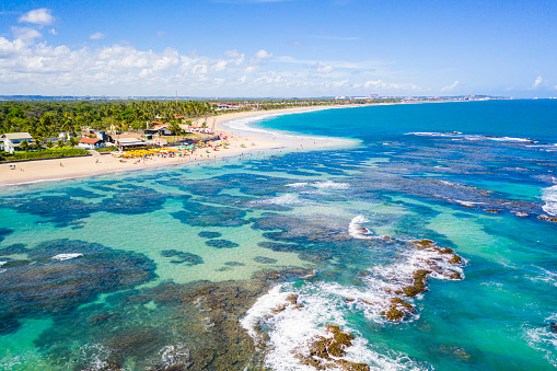 Aerial view of the Tidal pools and the beach at Pontal do Cupe, a beach near Porto de Galinhas downtown