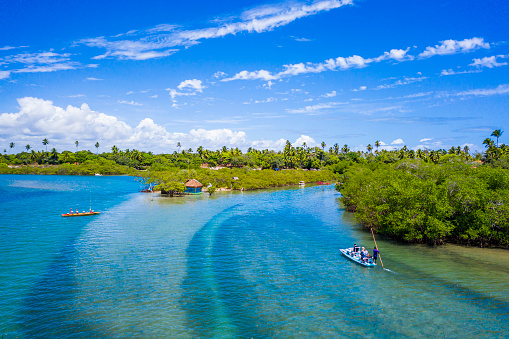 Maracaipe river mangrove and small rafts riding tourists along