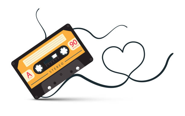 Audio cassette with heart shaped tape isolated on white background - vector vector art illustration