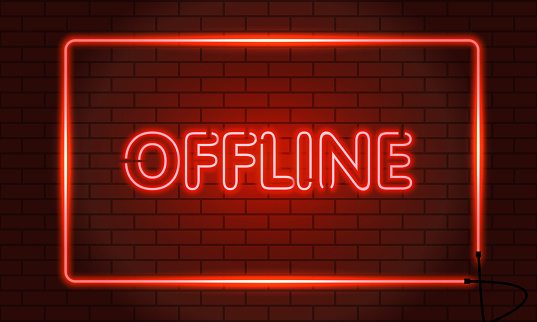 Neon sign OFFLINE in a frame on brick wall background. Vintage electric signboard with bright neon lights. Red light falls. Vector