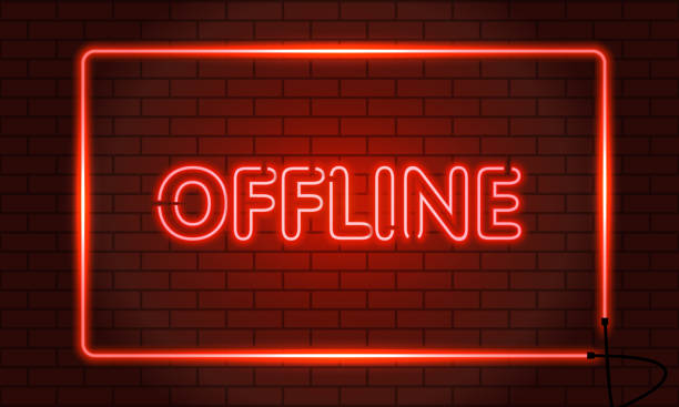 Neon sign OFFLINE in a frame on brick wall background. Vintage electric signboard with bright neon lights. Red light falls. Vector illustration Neon sign OFFLINE in a frame on brick wall background. Vintage electric signboard with bright neon lights. Red light falls. Vector offline stock illustrations