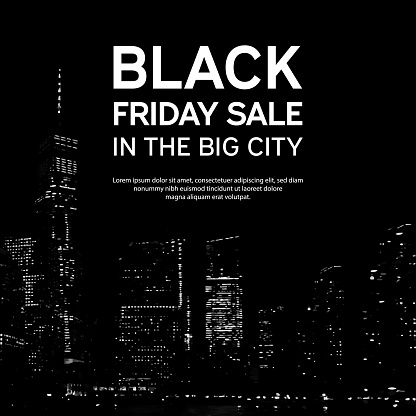 Black Friday Sale Poster on Big City Background. New York. Vector illustration.