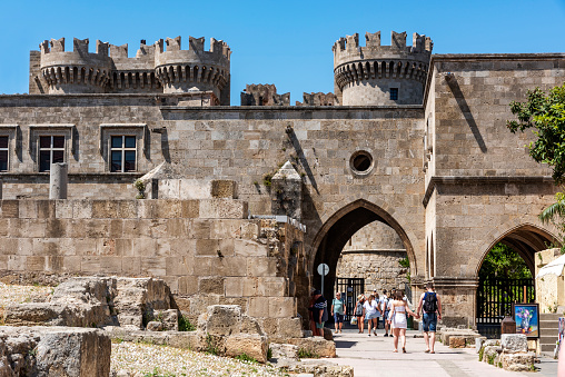Rhodes Island, Greece, a symbol of Rhodes, the main entrance of the famous Knights Grand Master Palace (also known as Castello) in the Medieval town of rhodes, a must-visit museum of Rhodes. This is the best of what the Knights of Saint John order has left in Rhodes Island in medieval times (Built in the 14th Century, rebuilded by Italians between 1937-1940). Has been used as a holiday residence by King Emmanuel III and Benito Mussolini.