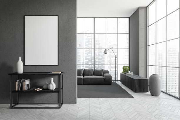 istock Front view on dark living room interior with empty poster 1420799272