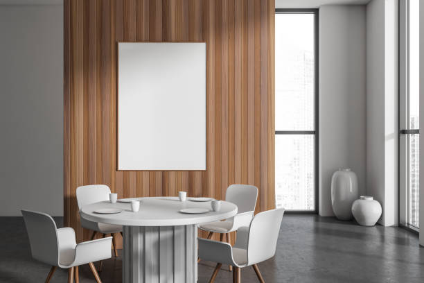 istock Light meeting room interior with table and chairs, panoramic window. Mockup frame 1420799383
