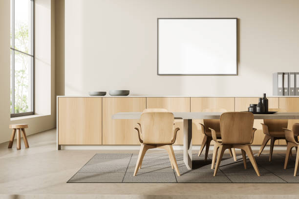 istock Light living room interior with chairs and table, panoramic window. Mockup frame 1420799435