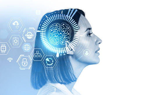 Businesswoman pensive profile portrait, digital hologram with brain hud and different digital icons. Concept of technology and machine learning