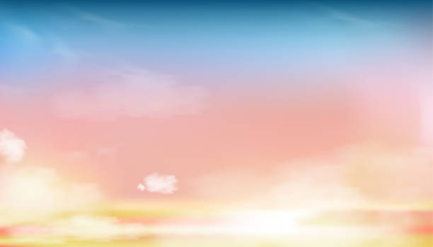 illustrations, cliparts, dessins animés et icônes de ciel avec des nuages moelleux couleur pastel en bleu, rose, jaune et orange le matin, ciel de coucher de soleil magique fantastique au printemps ou en été le soir, illustration vectorielle fond doux, belle bannière de la nature - ciel romantique