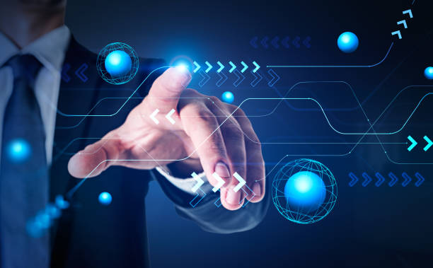 istock Businessman finger touch metaverse hologram with connection lines and arrows 1420799990