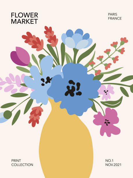 illustrazioni stock, clip art, cartoni animati e icone di tendenza di poster del mercato dei fiori con fiori di prato in un vaso. arte murale stampabile. illustrazione vettoriale. - flower shop flower flower market store