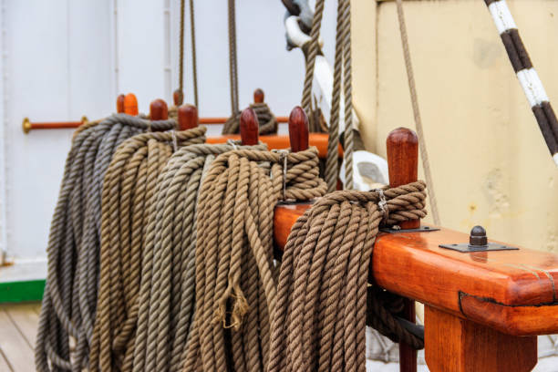 istock Nautical ropes on a deck of a large  ship 1420800129
