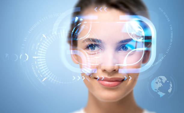 istock Young woman and biometric scanning, digital hologram with binary 1420800999