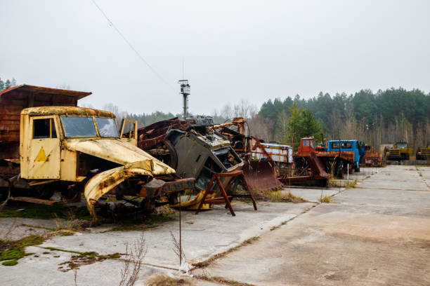 istock Old rusty abandoned damaged trucks in Chernobyl exclusion zone, Ukraine 1420801605