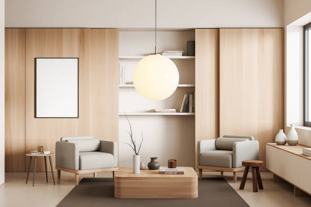 istock Light chill room interior with chairs and decoration, shelf and mockup frame 1420801955