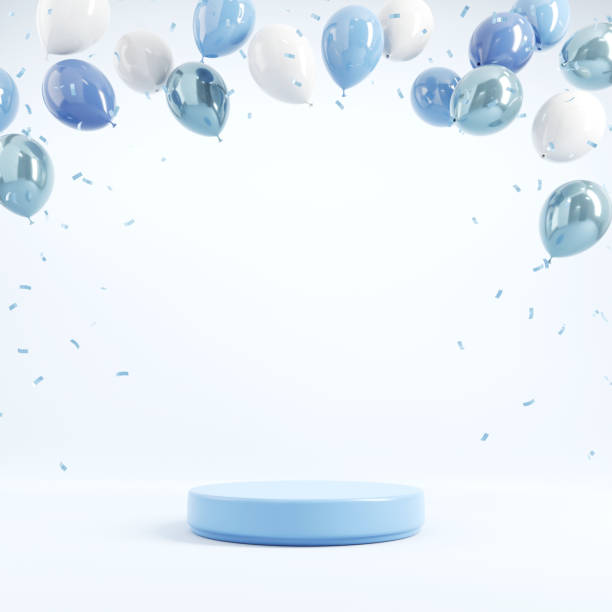 Podium with pastel balloons and confetti on blue background. 3d rendering, Birthday party, Father’s Day, New year background.