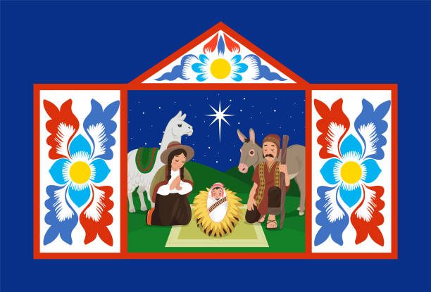 anden-weihnachtskriterium altarbild ayacucho peru retablo - christentum grafiken stock-grafiken, -clipart, -cartoons und -symbole