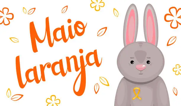 Vector illustration of Maio laranja campaign against violence research of children. Written in portuguese. Banner Maio laranja with baby bunny.