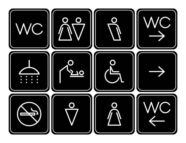 ilustrações, clipart, desenhos animados e ícones de wayfinding wc. conjunto de ícones lineares delineados no banheiro. banheiro para homens, mulheres, deficientes, transgêneros, quarto de bebê, banheiro, sem fumar. ilustração vetorial. - silhouette interface icons wheelchair icon set