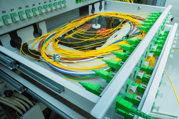 istock Fiber Patch Cord Cable of Optical Distribution Frame in Street Telecommunication Cabinet 1420803987