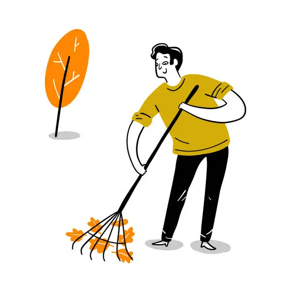Vector illustration of Cartoon Man Raking Leaves
