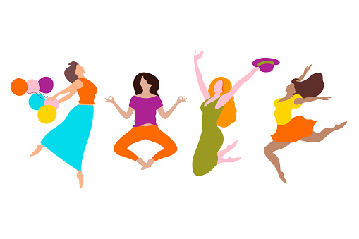 Group of young happy jumping women with different skin colors isolated on white background. Colorful editable vector illustration in flat cartoon style