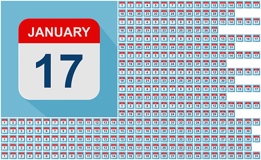 Flat Icon Calendar January 2022 on a blue background. January 2023 Calendar Leaf. Week starts on Sunday. Business vector illustration.